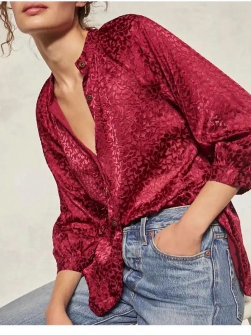 Anthropologie Susanna Burnout Velvet ¾ Sleeve Buttondown Blouse pink M
